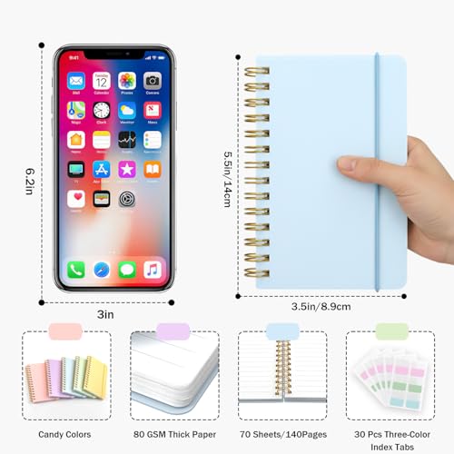 5 Pack Small Mini Pocket Spiral Notebook 5.5x3.5, Hardcover Little Notebook with Removable Dividers Tabs, Journals Note Books for Note Taking, Work, School, Cute Notebooks with Strap 70 Sheet - size: 3.5 x 5.5 inches