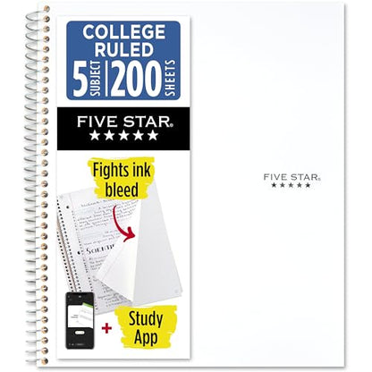 Five Star Spiral Notebook + Study App, 5 Subject, College Ruled Paper, 8-1/2" x 11", 200 Sheets, Fights Ink Bleed, Water Resistant Cover, White (72460) - color: White, size: 1 Count (Pack of 1)