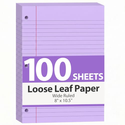 HIBOX Loose Leaf Paper Wide Ruled, 100 Sheets 8"x10.5" 3-Hole Punch, Purple | Anti-Bleed, 11/32" Spacing, Filler Paper for Binders, College, Office, School Supplies, Back to School & Classroom Must Haves - color: Purple