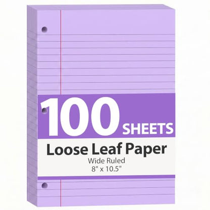 HIBOX Loose Leaf Paper Wide Ruled, 100 Sheets 8"x10.5" 3-Hole Punch, Purple | Anti-Bleed, 11/32" Spacing, Filler Paper for Binders, College, Office, School Supplies, Back to School & Classroom Must Haves - color: Purple