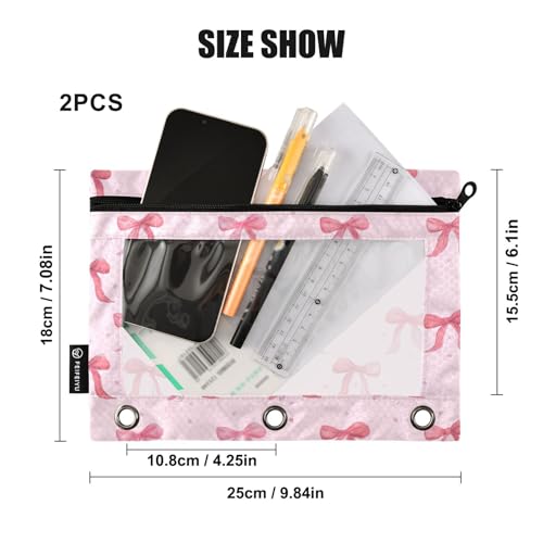 Pencil Pouch for 3 Ring Binder Cute Pink Ribbon Bow Binder Pencil Case with Smooth Zipper Clear Window Pencil Case 2 Pack for Office School College Supplies - color: Pink Ribbon Bow
