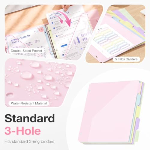 Ospelelf Binder Dividers with Tabs & 2 Pockets for 3 Ring Binder, Macaron | 3 Hole, Waterproof Plastic Dividers 11" x 8.5" , File Notebook Folders For School Office - color: Macaron