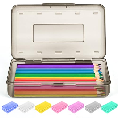 Sooez 1 Pack Clear Pencil Box, Plastic Hard Pencil Case with Stickers, Large Crayon Box with Snap-tight Lid, Stackable Storage Art Craft Marker Organizer Boxes for Kids Boys Back to School, Gray - color: Dark Gray