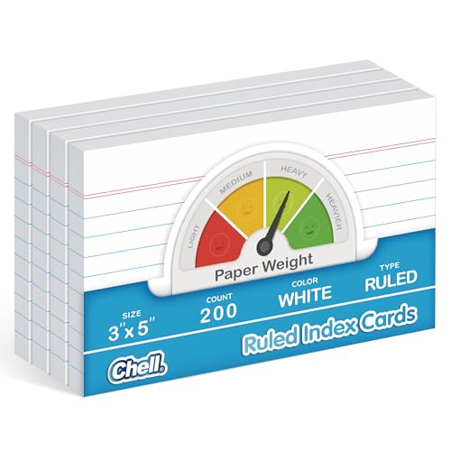 Chell White Color Ruled Index Cards 3x5 Heavyweight, 200 Count | 65 lb. Cover Weight, Ruled Front and Blank Back, Easy Writing, Not Easy to Penetrate Ink - color: White, size: 3"x5"