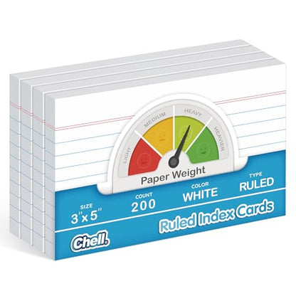Chell White Color Ruled Index Cards 3x5 Heavyweight, 200 Count | 65 lb. Cover Weight, Ruled Front and Blank Back, Easy Writing, Not Easy to Penetrate Ink - color: White, size: 3"x5"