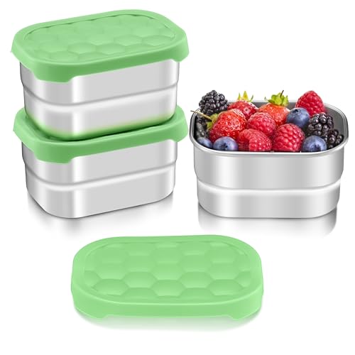 HaWare Stainless Steel Snack Containers for Toddlers and Kids, 8 oz Leak Proof Food Storage Containers with Green Silicone Lids, Stackable Small Metal Lunch Box for Daycare and School- 3 Packs - color: Green, size: 8oz×3