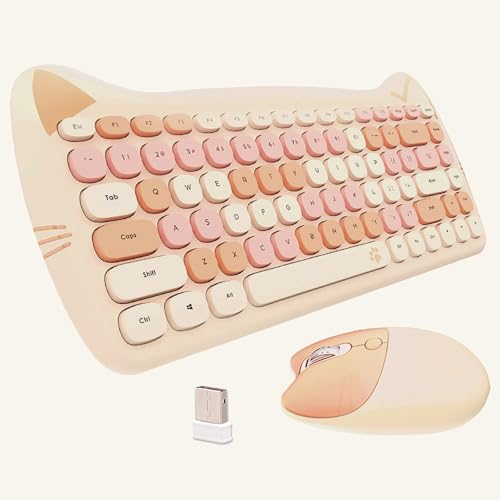 Cute Cat 2.4G USB Wireless Keyboard and Mouse Combo, Silent Keys, Candy Colors, Compatible with Notebook, PC (MilkTea-84Keys) - color: MilkTea-84Keys