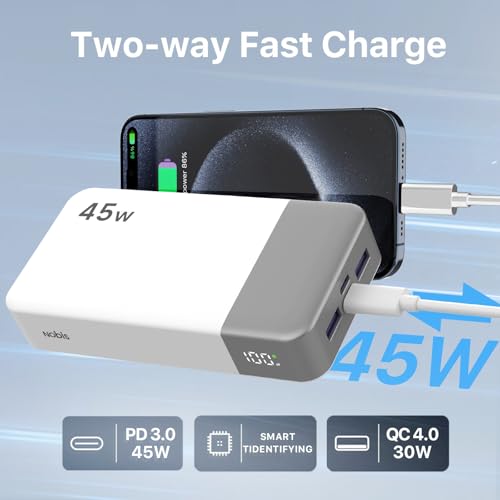 NOBIS Portable Charger, 20000mAh Power Bank, 45W Power Bank Fast Charging, Battery Pack with C to C Cable, Battery Bank with Digital Display for iPhone Android Laptop etc (White) - color: White
