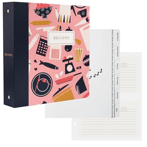 Jot & Mark 8.5" x 9.5" 3 Ring Recipe Binder with 50 Matching 4x6 inch Recipe Cards, 25 Top & Bottom Binder Sleeve Sheet Protector, 5 Full-Page Undivided Sleeves, 6 Sturdy Divider Tabs, Mise En Place | 50 Recipe Cards + 25 Sleeve Protectors + 5 Full-Page S