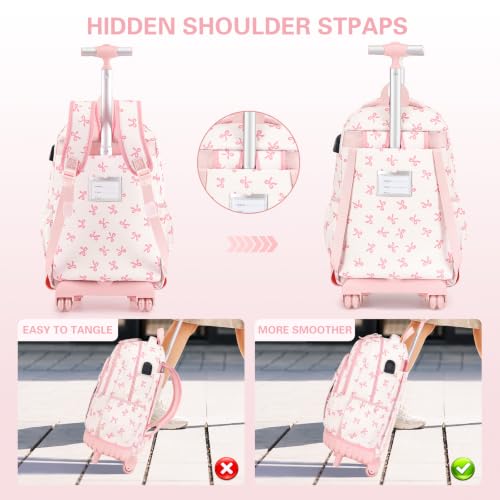 DIGOBAY Rolling Backpack for Girls, Cute Girls Backpack with Wheels, Kids Wheeled backpacks Set with Lunch Bag Pencil Case for Teen Girl, Roller School Bag with Wheels for Elementary Middle School - color: Beige and Pink Bow