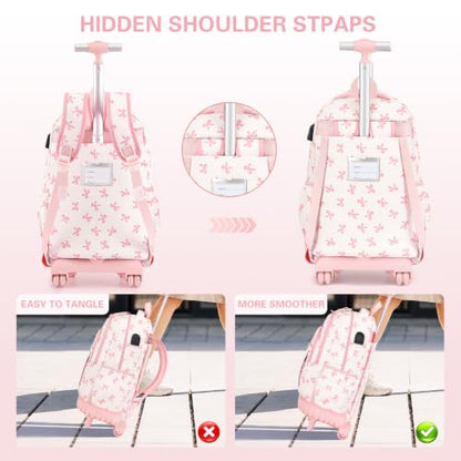 DIGOBAY Rolling Backpack for Girls, Cute Girls Backpack with Wheels, Kids Wheeled backpacks Set with Lunch Bag Pencil Case for Teen Girl, Roller School Bag with Wheels for Elementary Middle School - color: Beige and Pink Bow