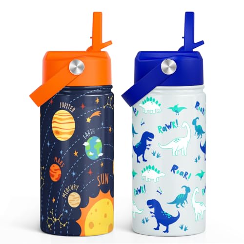Kid Water Bottle 12oz with Straw Lid - 2-Pack Insulated Stainless Steel Water Bottles for Kids Girls - Travel Cup for Back to School Sports Christmas Birthday (Solar System & Dinosaur) - color: Dinosaur + Solar System