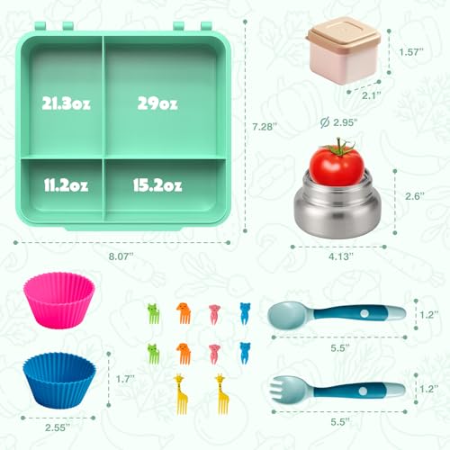 JSLOVE Bento Lunch Box with Leak Proof Thermos Food Jar for Kids, Food Lunch Containers for Girls with 4 Compartments, BPA-Free with Utensils, Food Picks, Sauce Jar & Silicone Lunch Box Dividers - color: Green