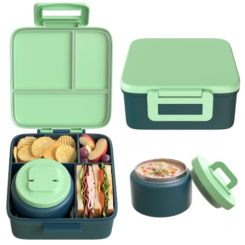MAISON HUIS Bento Lunch Box with 8oz Soup Thermo, 5-Compartment Leak-Proof Container, Thermo Hot Food Jar and Insulated Lunch Bag, BPA Free,Travel, School (Green) - color: Green