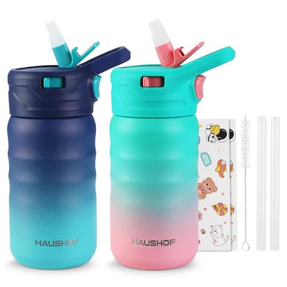 HAUSHOF Kids Water Bottle 2-Pack (12 oz) BPA-free with Straw and Stickers, Stainless Steel Vacuum Double Wall Insulated cup with Leak Proof for school, Gifts, Boys and Girls(Blue/Pink) - color: Blue/Pink(2 Pack)