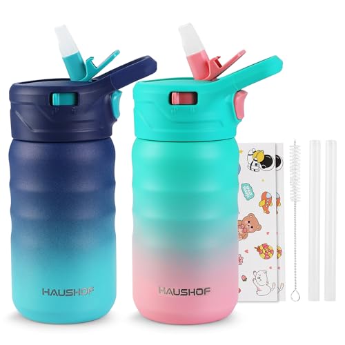 HAUSHOF Kids Water Bottle 2-Pack (12 oz) BPA-free with Straw and Stickers, Stainless Steel Vacuum Double Wall Insulated cup with Leak Proof for school, Gifts, Boys and Girls(Blue/Pink) - color: Blue/Pink(2 Pack)