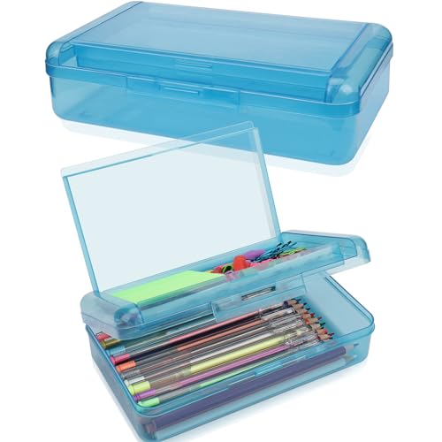 SFLHHDM Large Pencil Box, Double Layer Capacity Pencils Holders, Clear Hard Pen Case with Snap-tight Lid, Plastic Pencil Case for Office School, Pen Boxes Storage School Box (Navy Blue-1pcs) - color: Navy Blue-1pcs