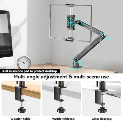 Portable Monitor Stand Desk Holder- Large Clamp support up to 6.5 12.9 14.6 15.6 18.5 inch 360° Rotating Base Swivel Tall Desk Arm Mount for iPad Pro/Mini/Air/Surface Strong Bearing Weight over 5.5lbs - size: Up to 18.5''