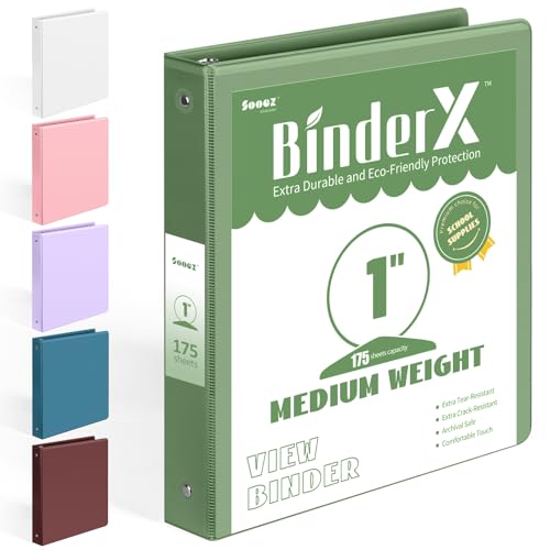 BinderX Extra Durable 3 Ring Binder, Round Rings 1 Inch Binder, Fits 175 Sheets of 8.5x11 Paper, Customizable View Cover with Inside Pockets, Cute 1" Binders, 1 Inch Binders 3 Ring, Olive Green - color: Olive Green, size: 1 inch