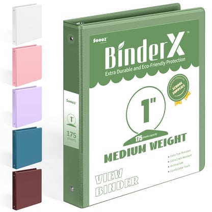 BinderX Extra Durable 3 Ring Binder, Round Rings 1 Inch Binder, Fits 175 Sheets of 8.5x11 Paper, Customizable View Cover with Inside Pockets, Cute 1" Binders, 1 Inch Binders 3 Ring, Olive Green - color: Olive Green, size: 1 inch