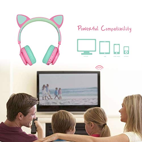 Riwbox CT-7 Cat Ear Kids Bluetooth Headphones, LED Light Up Bluetooth Wireless Over Ear Headphones with Microphone and Volume Control for Travel/School/Smartphones/Laptop/PC/TV (Pink&Green) - color: Pink&Green