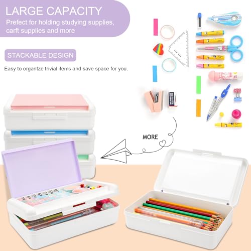 SFLHHDM Pencil Box, Double Layer Large Capacity, White Purple, 1pcs | Plastic, Snap-tight Lid, Stackable Storage, For Gel Pen Pencils Crayons - color: White Purple-1pcs
