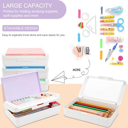 SFLHHDM Pencil Box, Double Layer Large Capacity, White Purple, 1pcs | Plastic, Snap-tight Lid, Stackable Storage, For Gel Pen Pencils Crayons - color: White Purple-1pcs