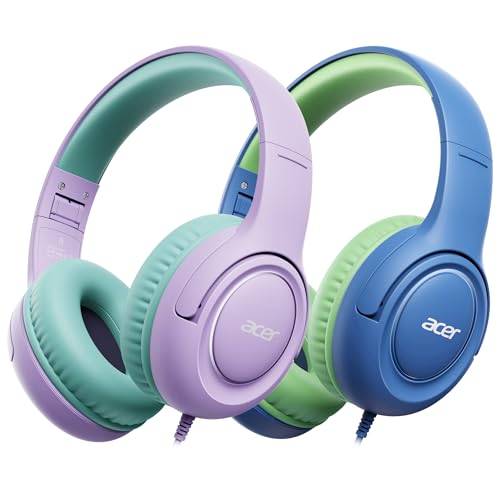 Acer 2Pack Kids Headphones - 85/94dB Volume Limiter, Foldable Wired Over Ear Headphones for Travel, 3.5mm Jack, Toddler Headphones for School, Travel, iPad, Tablet, HK03-2P - color: Purple Green & Blue Green