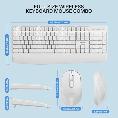 PHILIPS Wireless Keyboard and Mouse Combo-Ergonomic Keyboard and Mouse Wireless Combo with Silent Design,Plug n' Play,Sleep Mode and 2.4GHz Keyboard for Mac, Windows, Laptop-White - color: White