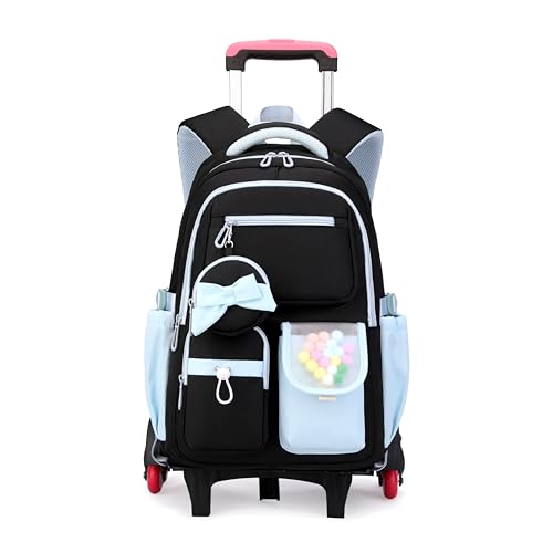 Rolling Backpack for Girls Kids Backpack with Wheels Cute Girls Trolley Bags Rolling School Bag for Elementary Middle - color: Black+blue 6 Wheels