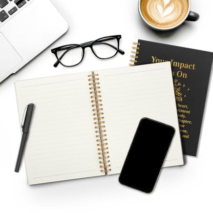 Your Impact Lives On Black Golden Horizontal Lined Spiral Notebook, Retirement Farewell Appreciation New Chapter Gifts for Retiree Mentor Coworker Leader Friend, Gratitude Office Journal - style: Your Impact