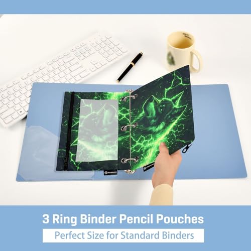Wolf Pouch for 3 Ring Binder Clear Window Pencil Case for 3 Ring Reinforced Grommets with Zipper, 2 Pack - color: Wolf
