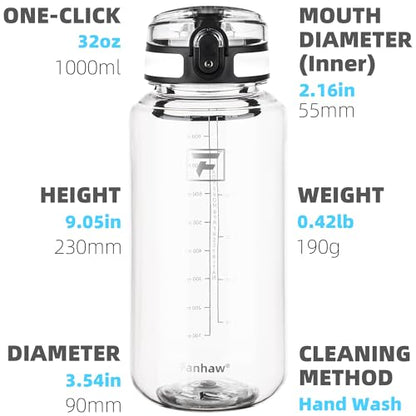 Fanhaw 32 Oz Clear Tritan Water Bottle, BPA-Free & Leak-Proof, Wide Mouth with Anti-dust Chug Lid, Reusable Plastic Bottle for Gym, Travel, School & Office, Back to School Essentials (Clear&White) - color: Clear&White, size: 32 Ounces