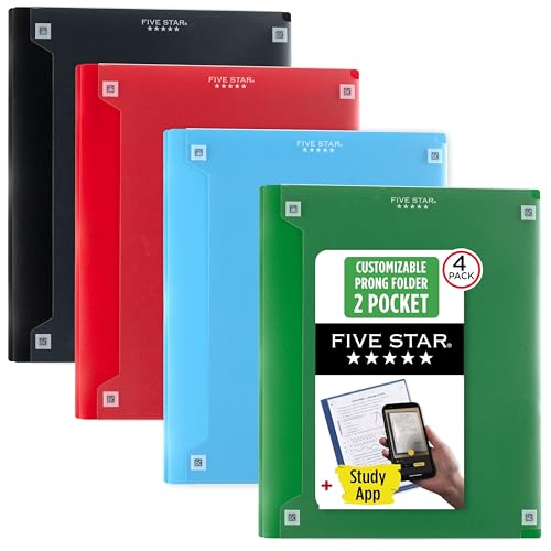 Five Star 2-Pocket Folder + Study App, 4 Pack, Plastic Folder with Prong Fasteners and Customizable Clear Cover, Holds 8-1/2" x 11" Paper, Black, Pacific Blue, Fire Red, Forest Green (340220A-ECM) - size: Pack of 4