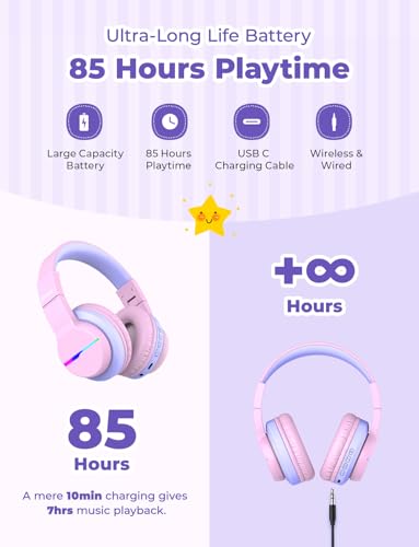 iClever BTH12 Kids Bluetooth Headphones 2 Pack,Colorful LED Lights,74/85dBA Safe Volume,85H Playtime,Bluetooth 5.2,Over Ear Kids Headphones Built-in Mic for iPad/Tablet/Airplane, Pink & Black - color: Pink&Black