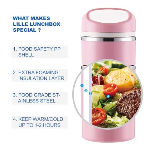 Lille Home Stackable Stainless Steel Thermal Compartment Lunch/Snack Box, 3-Tier Insulated Bento/Food Container with Lunch Bag and 3 Extra Silicone Seals, 43OZ, Pink - color: Pink with Utensils