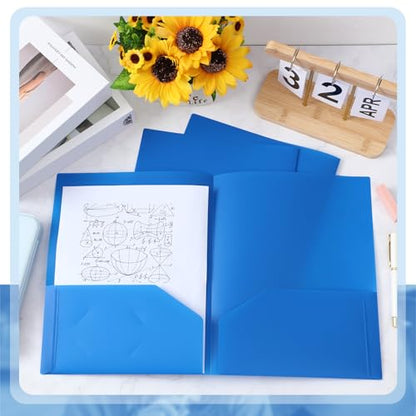 Gueevin 100 Pack Plastic Folder with Pockets, 2 Pocket Folders, Plastic Glossy Folders Fit Letter Size Paper, Heavy Duty Durable File Folder with Business Card for Home Office School (Blue) - color: Blue