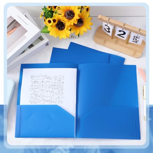 Gueevin 100 Pack Plastic Folder with Pockets, 2 Pocket Folders, Plastic Glossy Folders Fit Letter Size Paper, Heavy Duty Durable File Folder with Business Card for Home Office School (Blue) - color: Blue