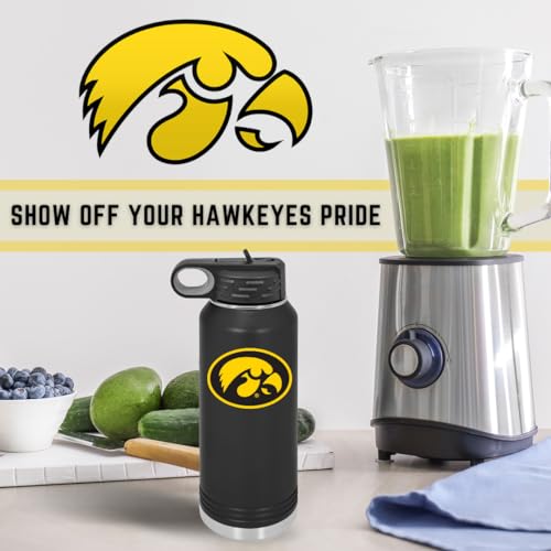 Game Day Outfitters University of Iowa 32oz Stainless Steel Double Walled Black Beverage Bottle with Flip Straw Spout - College Gear for Playoff Season – Show your Hawkeye Pride - style: Iowa / Black
