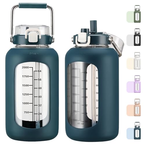 MUKOKO 84oz Glass Water Bottle with Time Marker and Silicone Sleeve 2.5L Water Jug with Stainless Steel Handle Gallon Drinking Bottle with 2-in-1 Lid Wide Mouth BPA Free, Dark Blue - color: Dark Blue, size: 84 Ounces