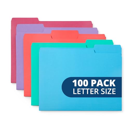 Blue Summit Supplies 100 File Folders, Letter Size, 1/3 Cut, Gem Tones | Durable 11pt, 1/3 cut top tab, colorful gem tones, for office, school, and home file organization - color: Assorted Gem Tones