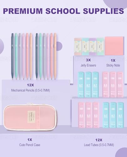 Aesthetic School Supplies with Cute Pencil Case, 12x Pastel Mechanical Pencils 0.5 & 0.7mm with 720x HB Leads, 4x Erasers and 1x Sticky Note, Suitable for Writing, Drafting Drawing Sketching(purple) - color: Purple