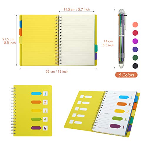 KESOTE 5 Subject Spiral Notebook with Divider Tabs, A5 Wide Ruled 5.7" × 8.5" Hardcover Tabbed Notebook Journal, 240 Pages, Yellow - color: Yellow