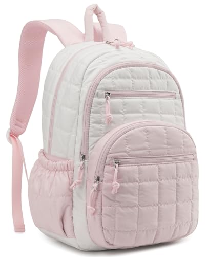 Bookbag for Women, Teen Girls Backpack for High School College Student, Puffer Quilted Back Pack Cute Laptop Backpack for Work Travel Mom Casual Daypack, Beige Pink - color: Beige Pink, size: 15.6in