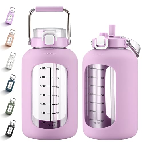 MUKOKO 100oz Glass Water Bottle with Time Marker and Silicone Sleeve 3L Large Water Jug with Stainless Steel Handle Gallon Drinking Bottle with 2-in-1 Lid Wide Mouth BPA Free, Purple - color: Purple, size: 100 Ounces