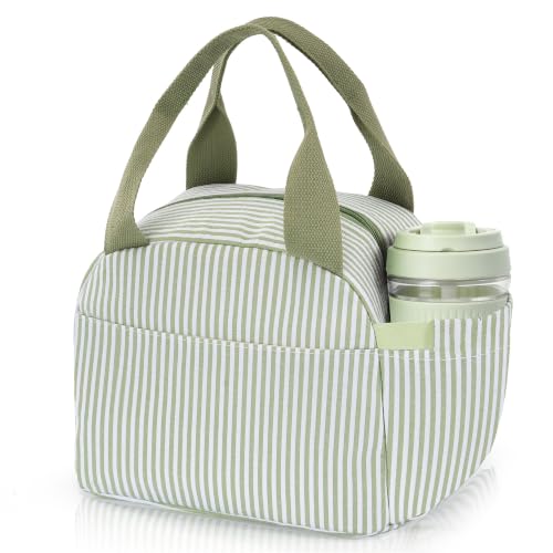 Insulated Lunch Bag for Women, Reusable Lunch Box Tote for Work & Office, Portable Leakproof Cooler Bag Roomy Adult Lunch Bags for Travel, Picnic & Daily Meals, Olive Green Pinstripe - color: Olive Green Pinstripe, size: M
