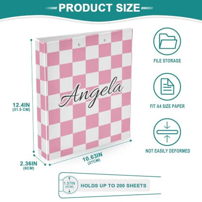 Custom 3 Ring Binder 1.5 Inch Round Rings Pink Checkered Personalized Name Binders Organizer Fashion View Binder with 2 Pockets for School Office Supplies - color: Multi10