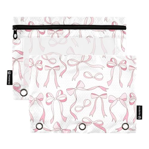 Pencil Pouch for 3 Ring Binder Pink Ribbon Bows Love 2 Pack Clear Window Pencil Bags with Zipper Pencil Case - color: Multicolored 10