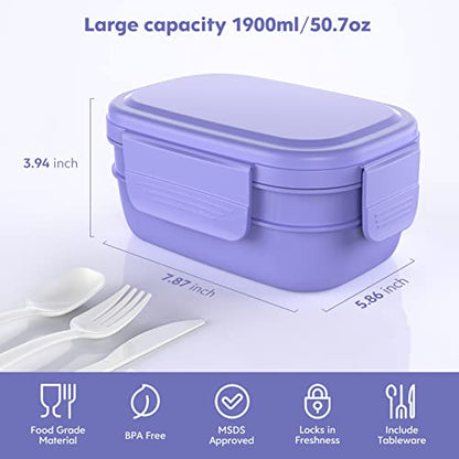 HOMETALL Stackable Bento Box for Adult Kids, Large Capacity 1900ml , Leak-Proof Lunchbox Containers with Utensil Set for Dining Out, Work, Picnic, School - color: Macaron