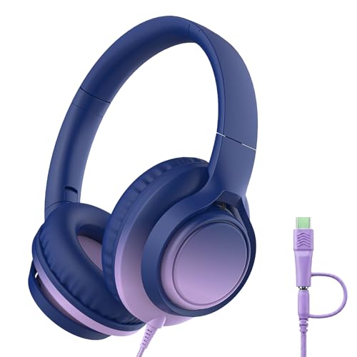 Kids Wired Over-Ear Headphones with Microphone, 3.5mm Jack with USB-C Adapter, Comfortable Headset for Online Learning, School, Tablet, Phone – Galaxy Gradient - color: Midnight Blue